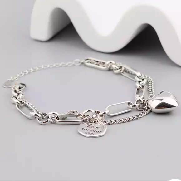 Sterling Silver Heart Charm Chain Link Bracelet - Picture 3 of 5